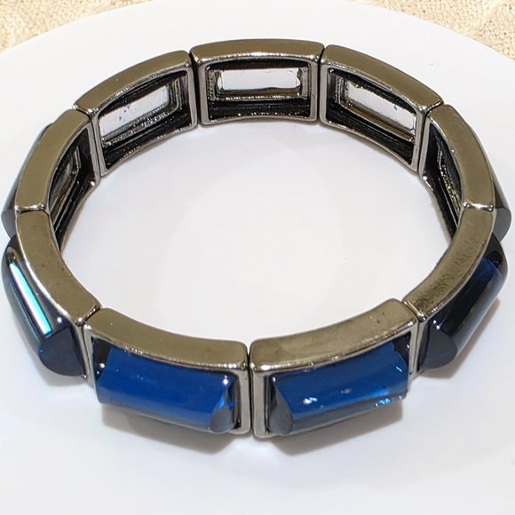 Navy Blue Dome Stones Charcoal Gray Link Stretch Modern Fashion Bracelet - Picture 8 of 12